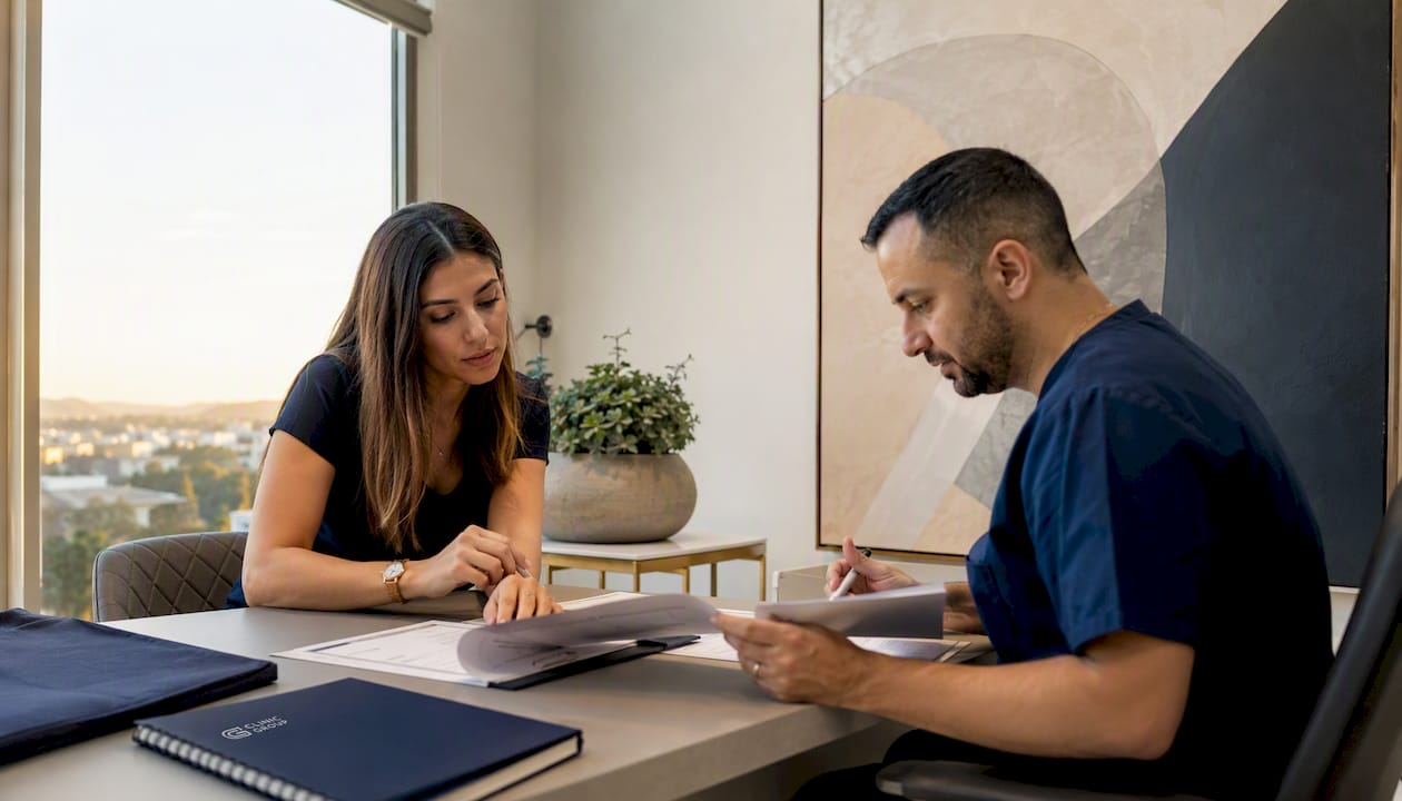 Patient and professional reviewing medical credentials