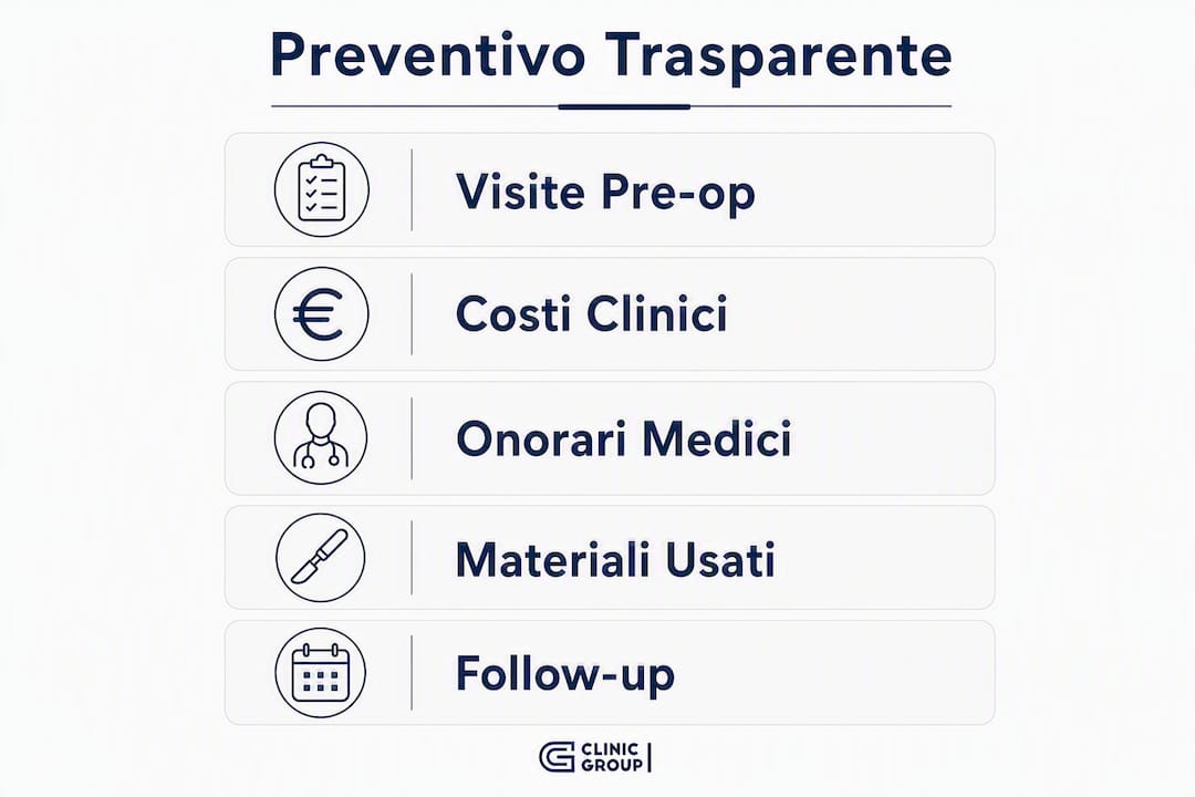Infografica che illustra i passaggi fondamentali per un preventivo chiaro e trasparente nei trattamenti di medicina estetica