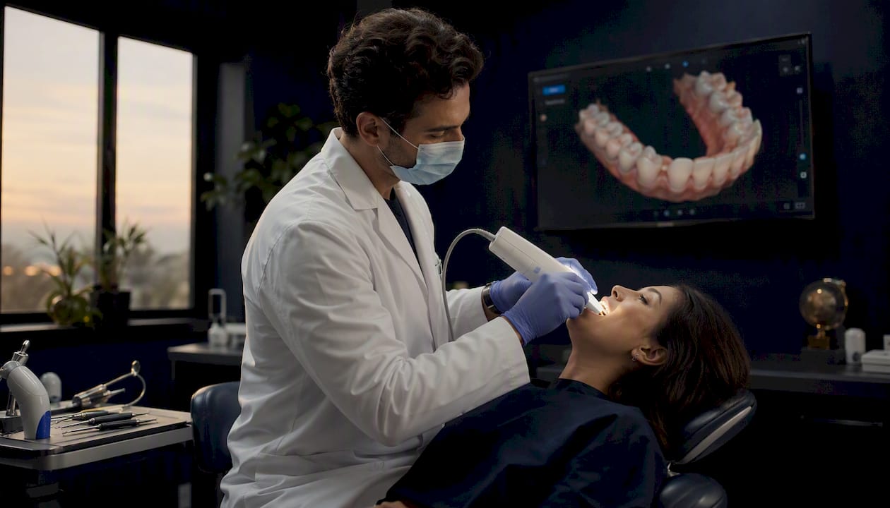 Il dentista effettua una scansione digitale dei denti del paziente utilizzando uno scanner intraorale di ultima generazione.
