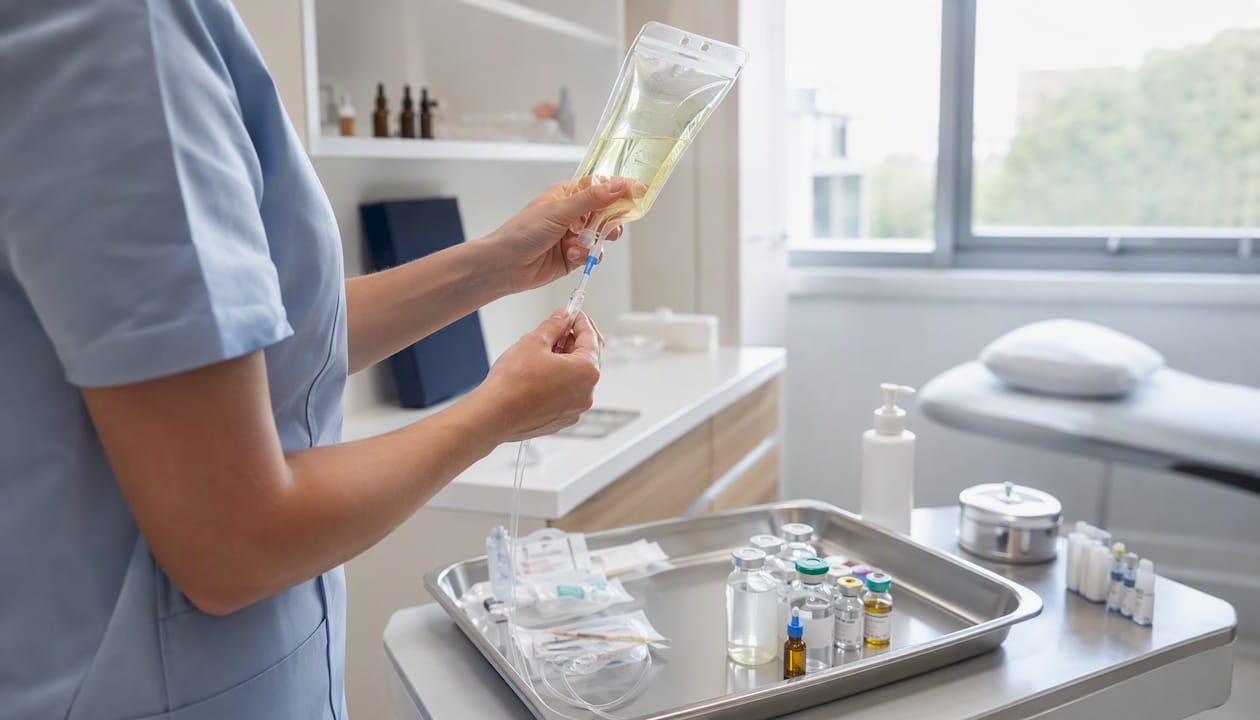Nurse preparing IV vitamin infusion bag