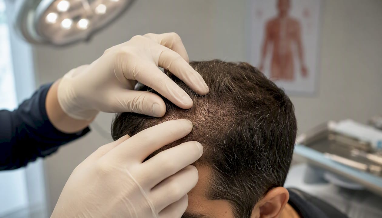 Close-up of treated scalp zones under clinical light