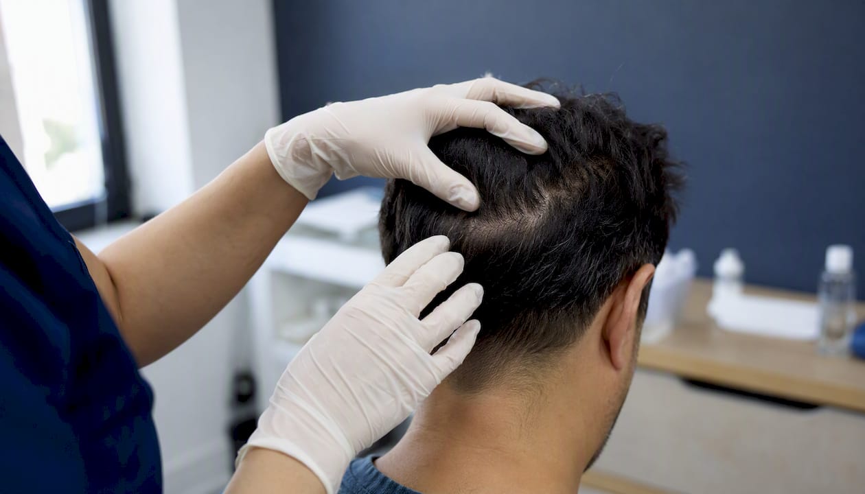 Hands assessing donor scalp zone close-up