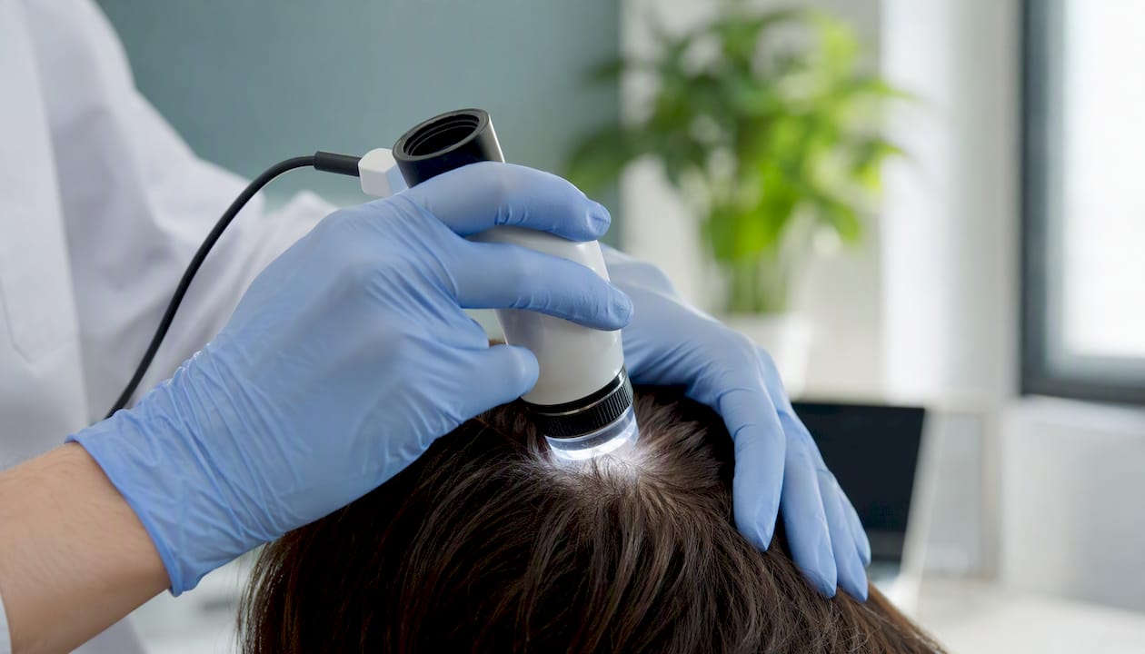 Hands using trichoscope on scalp