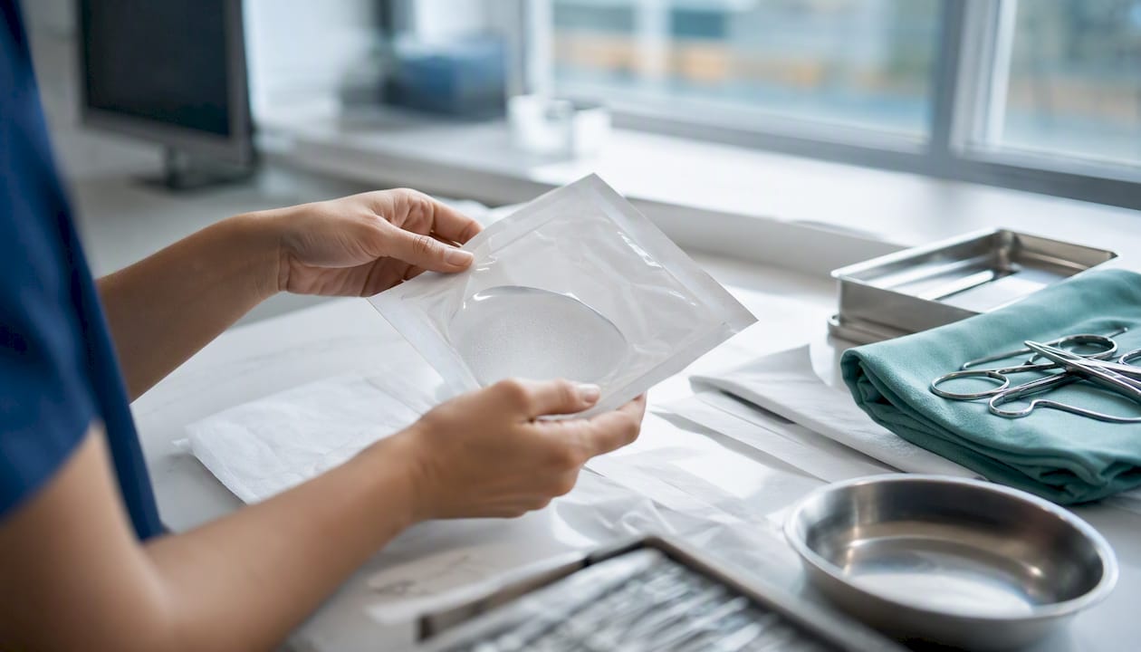 Hand handling breast implant packaging and warranty papers