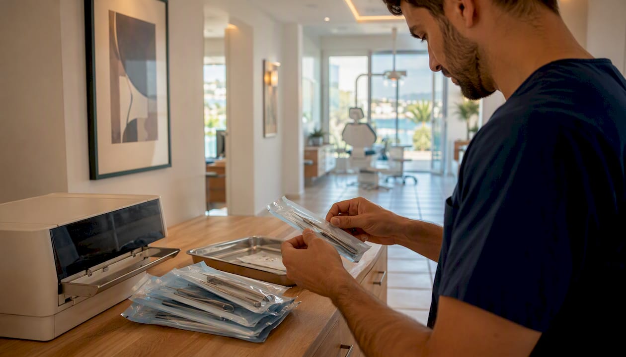 Hands sterilizing dental tools in Turkish clinic
