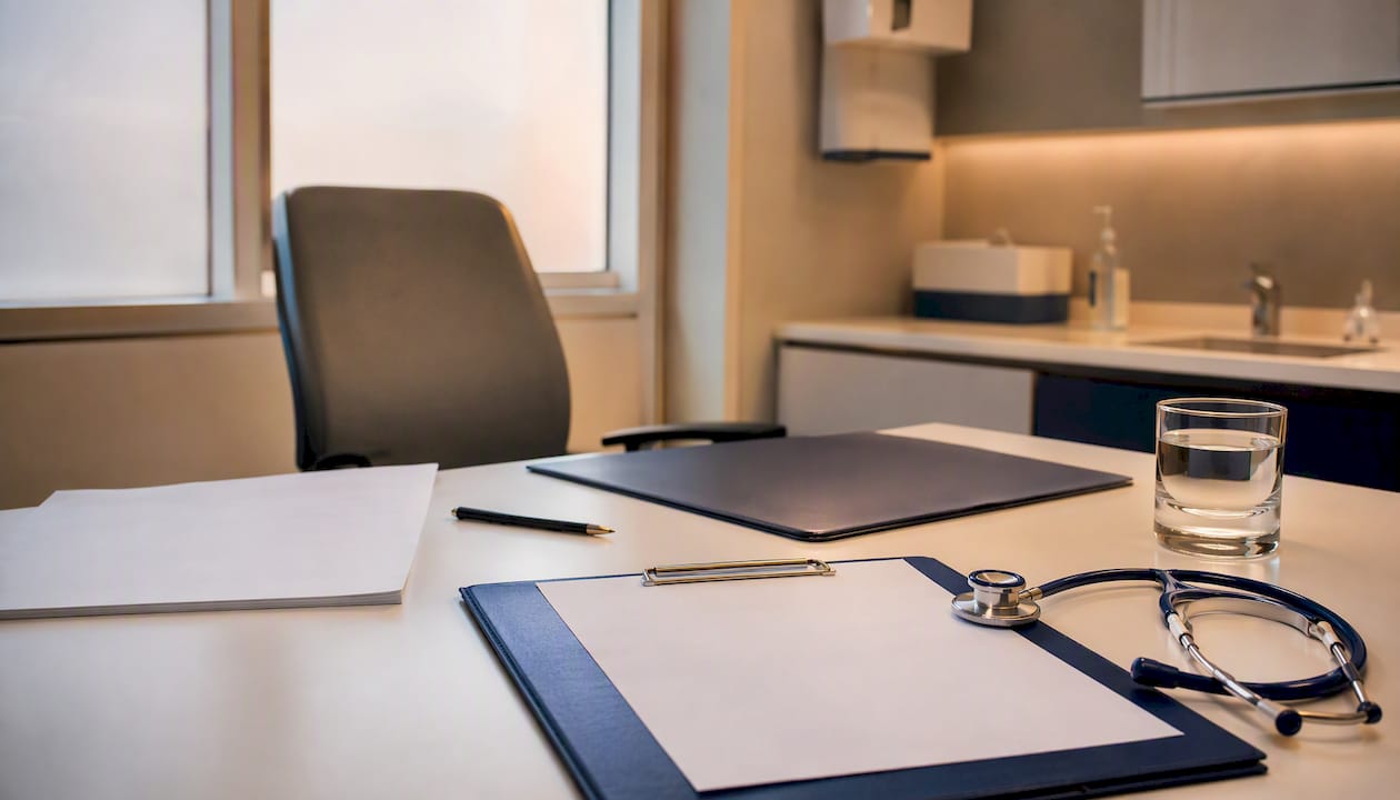 Medical consultation desk with blank paperwork and equipment