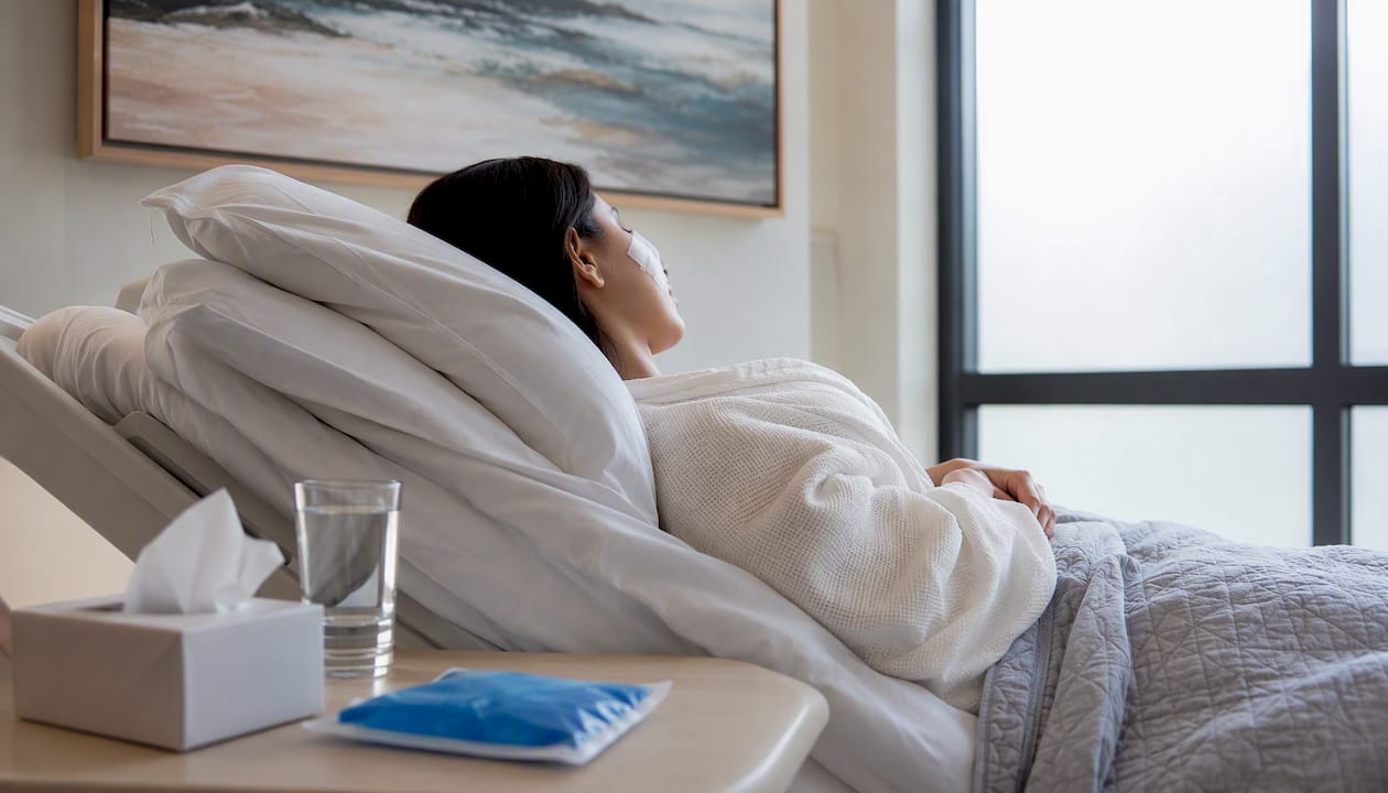 Patient resting with nasal bandage in clinical recovery room