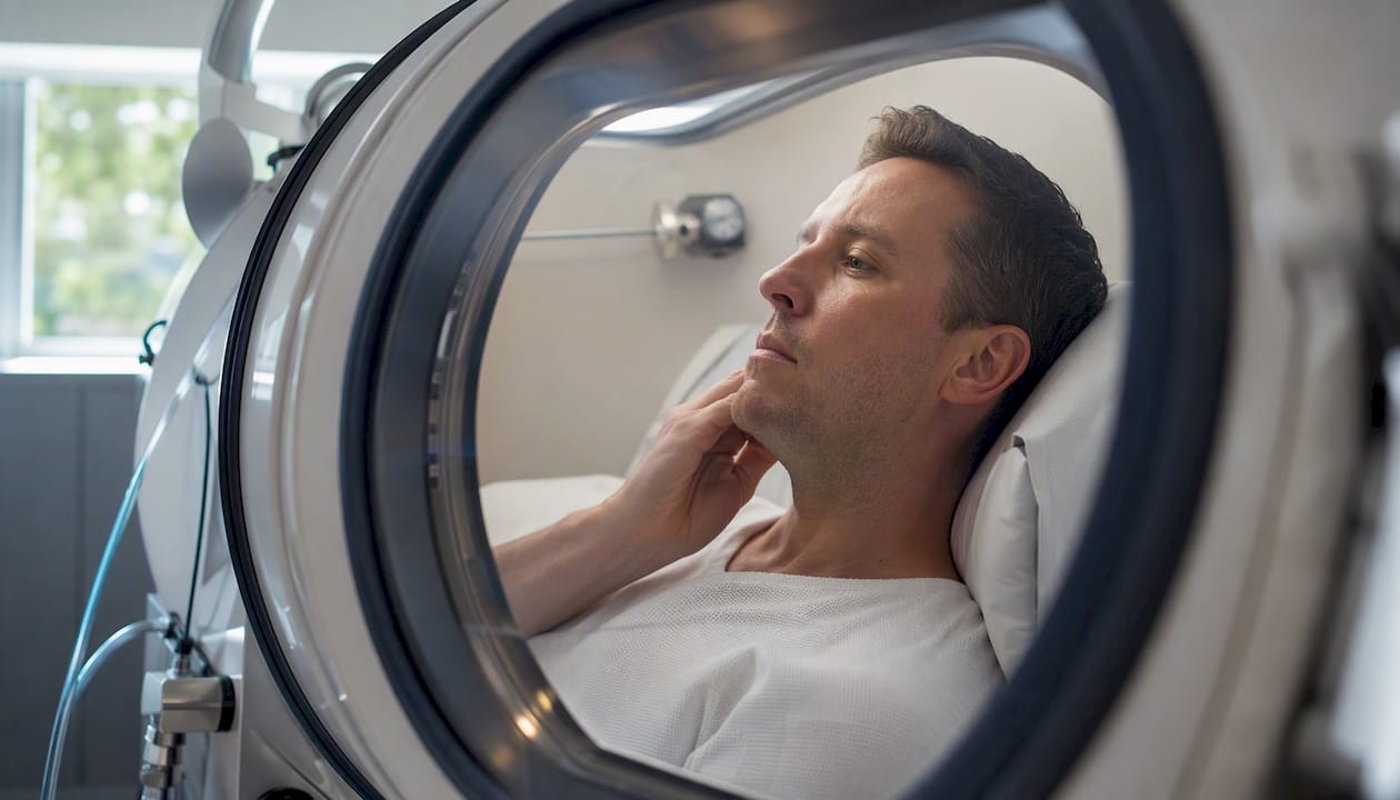 Patient performing ear-clearing inside hyperbaric chamber
