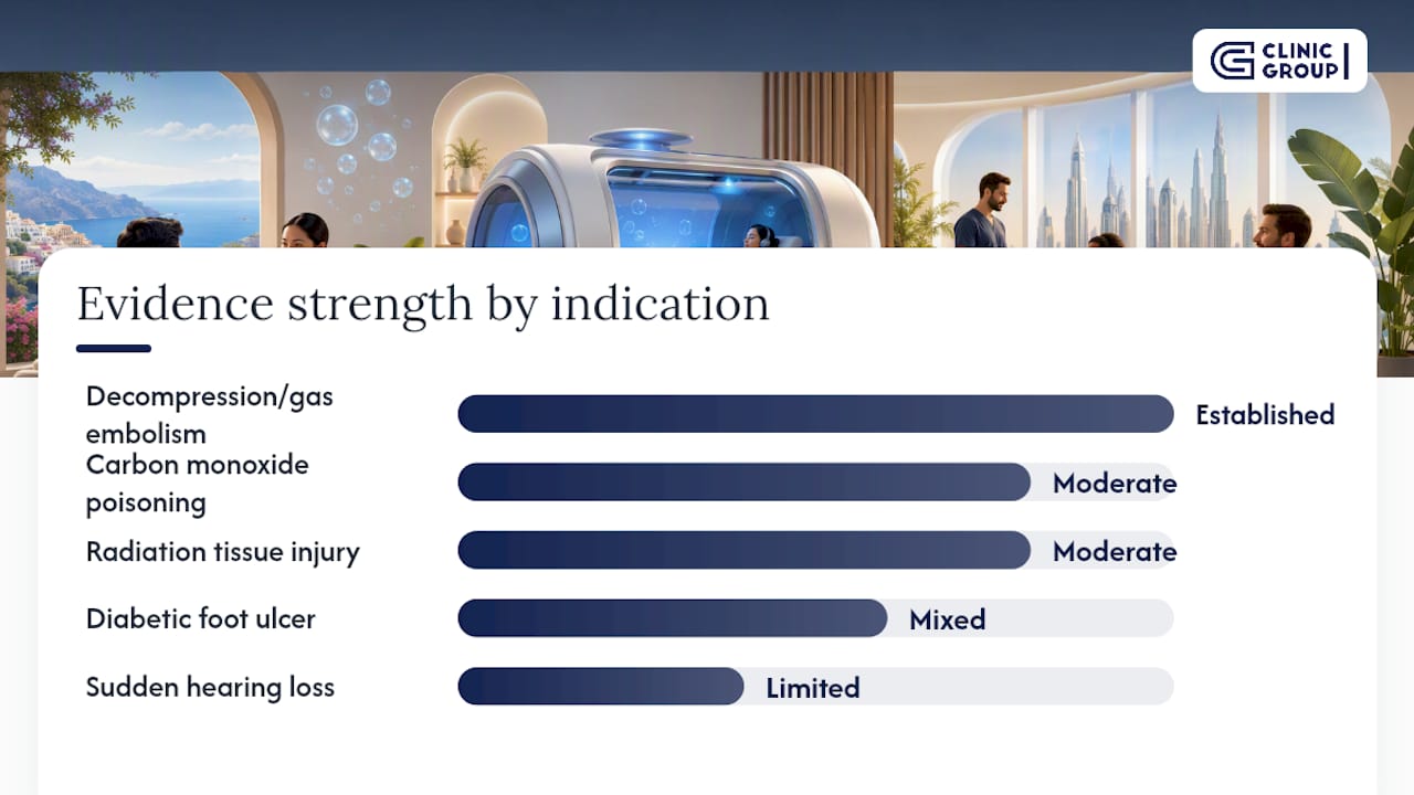 Diagram comparing clinical evidence strength of HBOT indications
