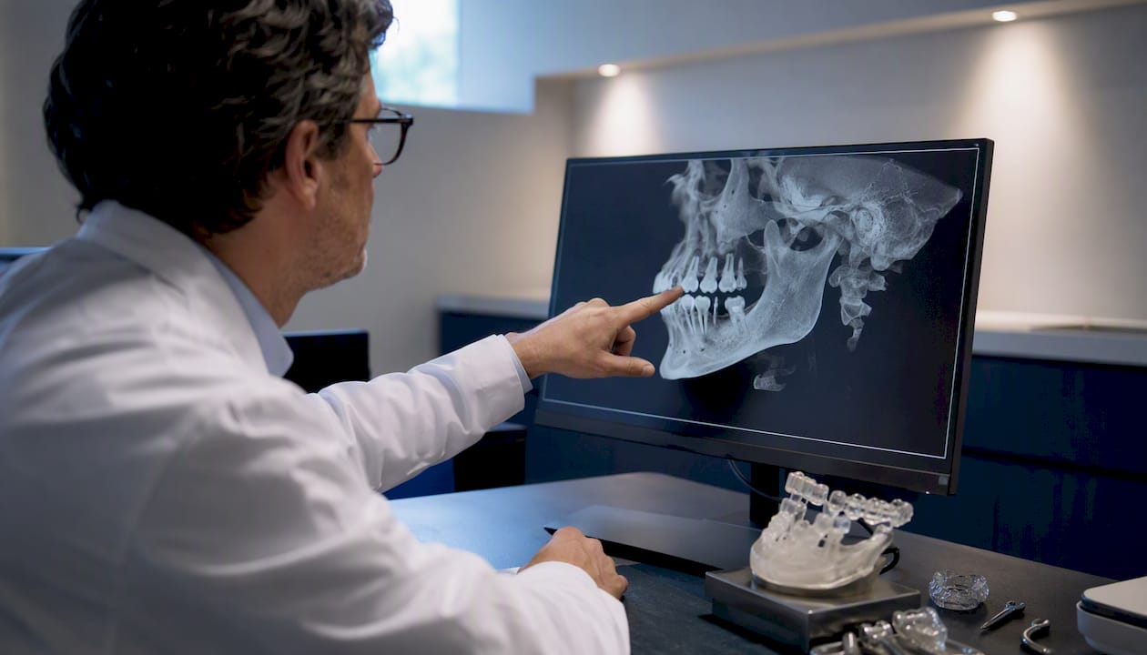 Il chirurgo analizza una scansione 3D CBCT per pianificare l’inserimento di impianti zigomatici.