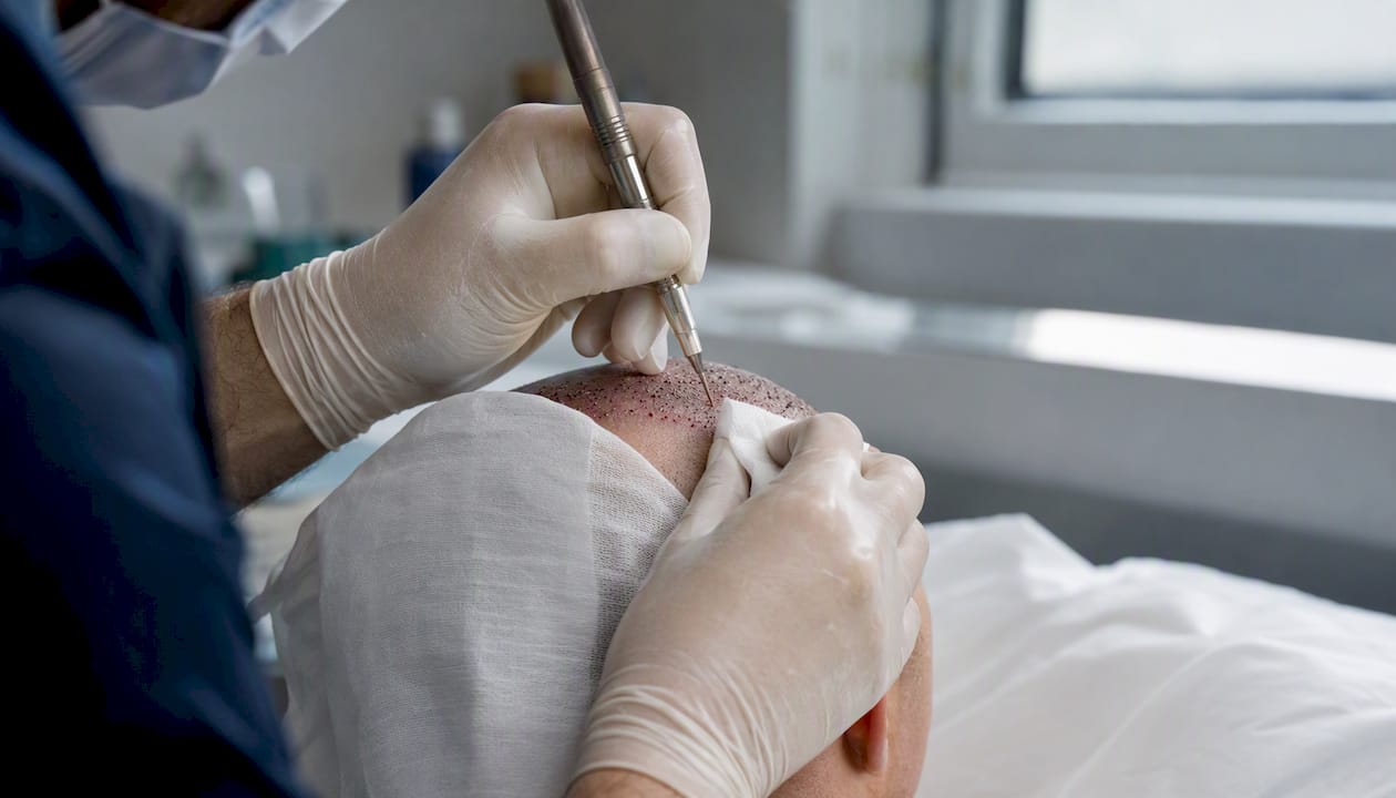 Dettaglio ravvicinato dell’inserimento dei bulbi piliferi tramite implanter Choi