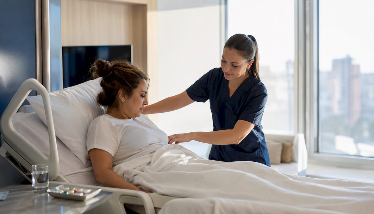 Caregiver helping patient sit up post surgery