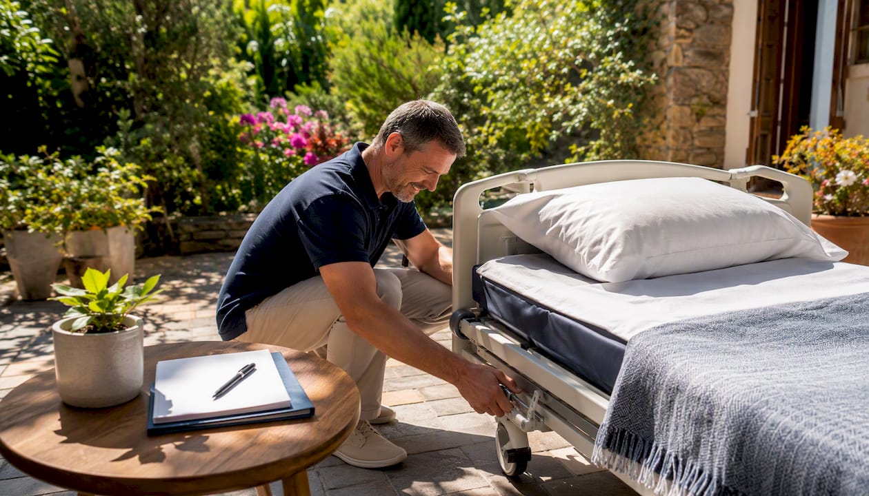 Companion preparing home hospital bed and checklist