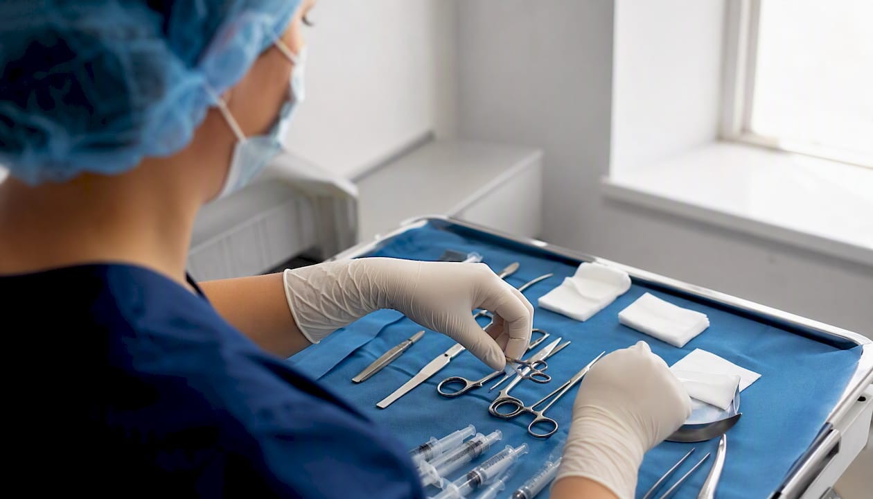 Un’infermiera si sta occupando di preparare gli strumenti medici necessari in ambulatorio.