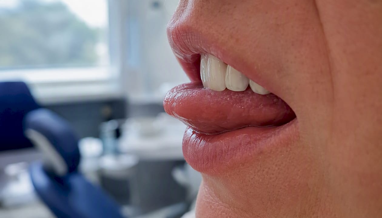 Dettaglio ravvicinato della lingua che sfiora il bordo di una corona dentale