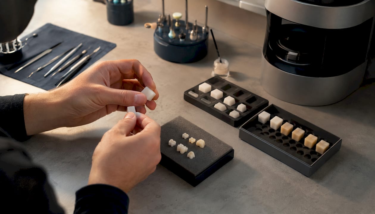 Mani esperte che sistemano i materiali per le corone dentali all’interno di un laboratorio odontotecnico.