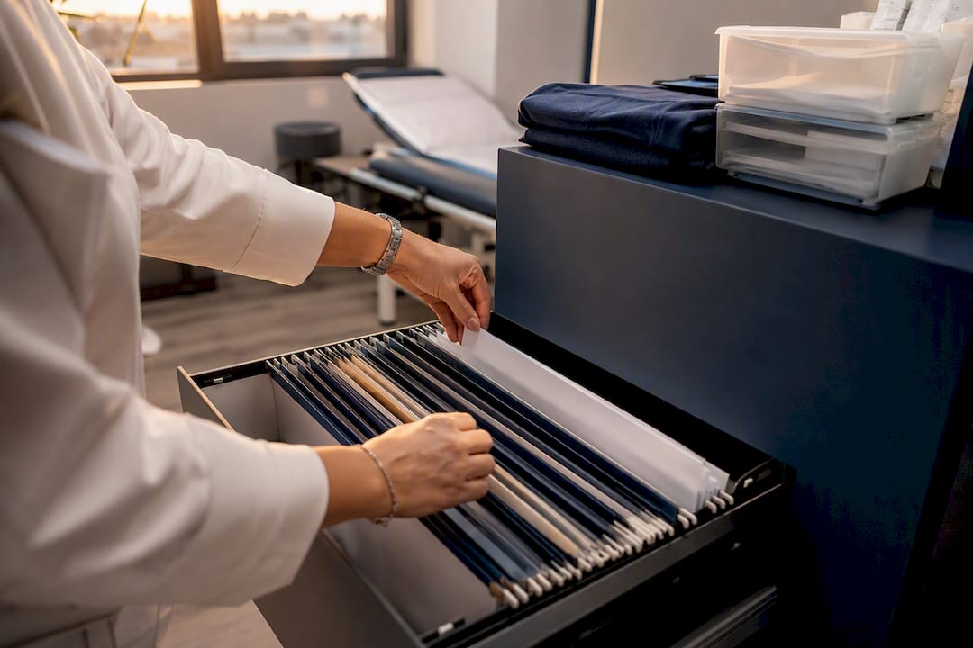 Clinic receptionist managing appointment files