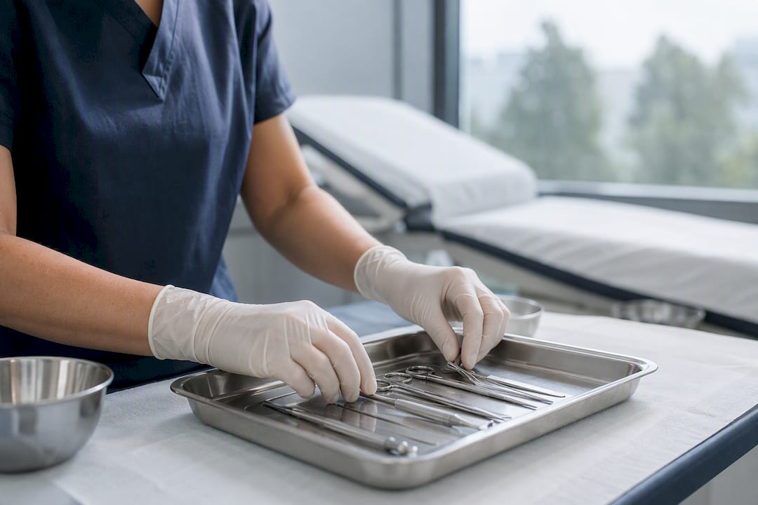 Infermiera che prepara strumenti medici in clinica