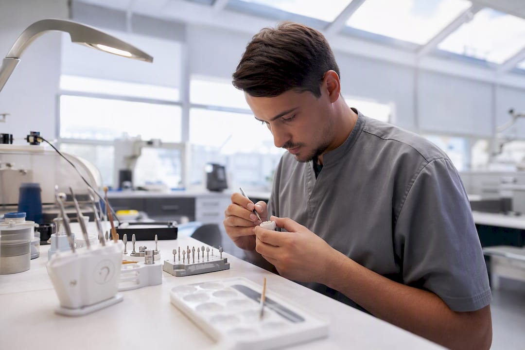 Hands of dental technician polishing veneer