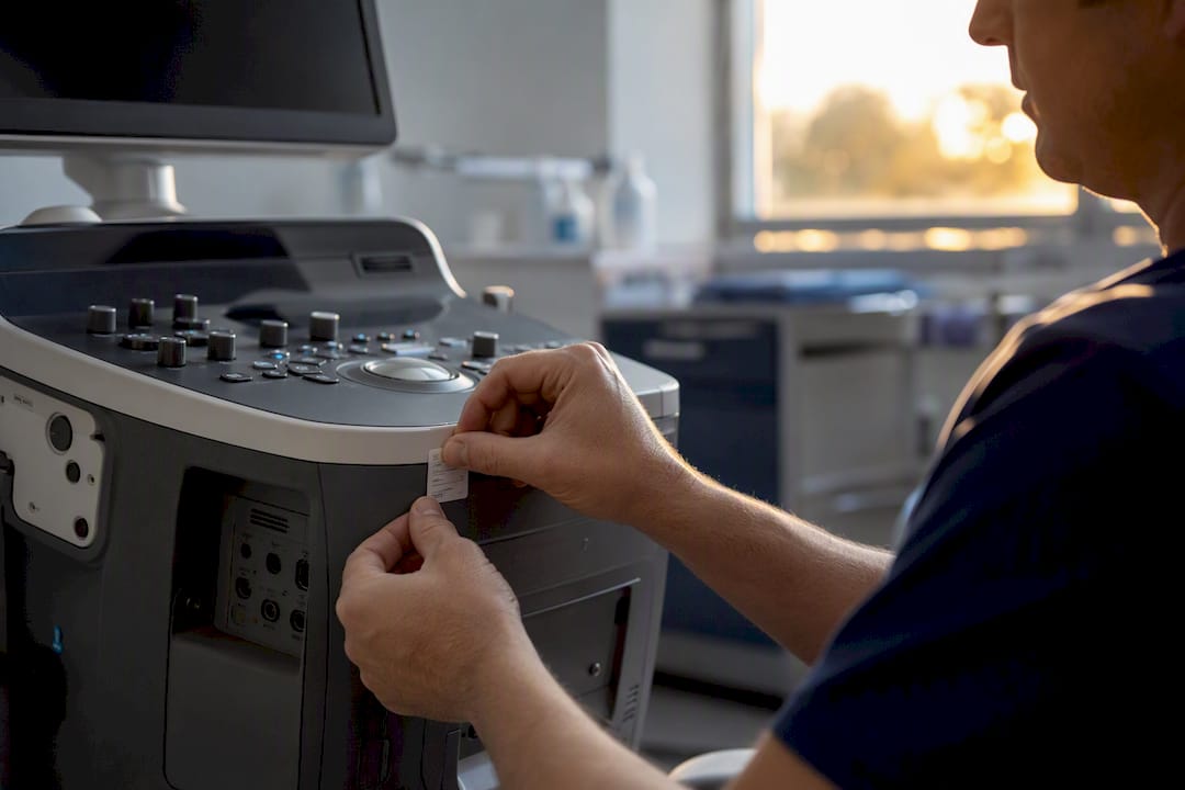 Mani che controllano il certificato di calibrazione di un dispositivo medico