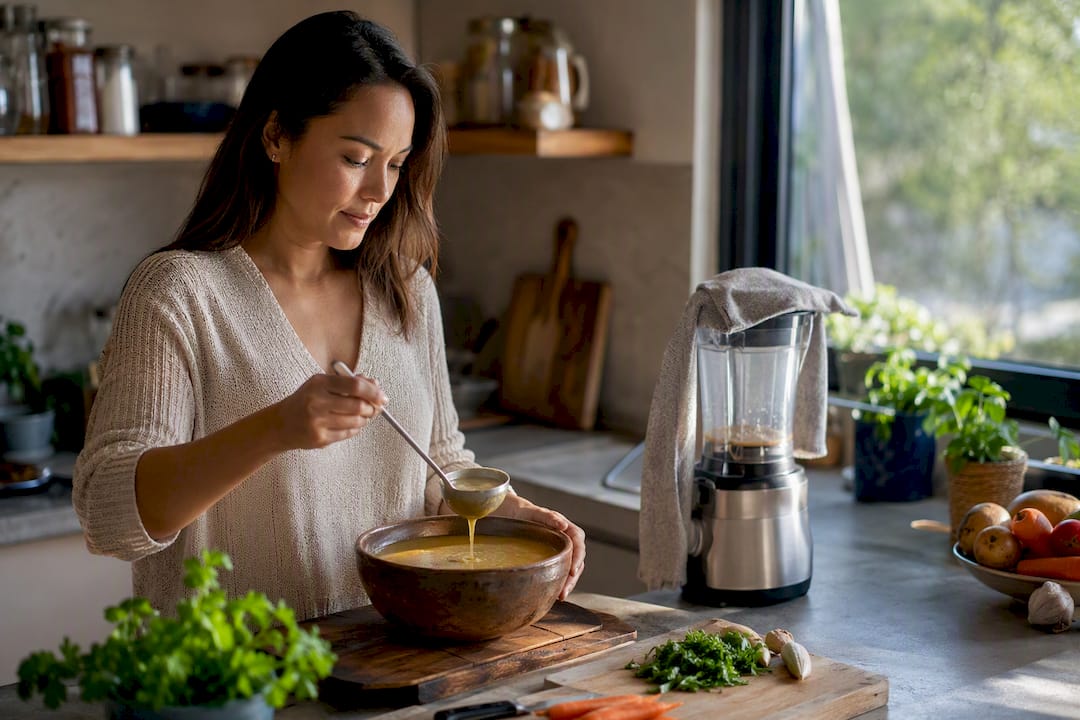 Person scooping pureed vegetable soup in bright kitchen