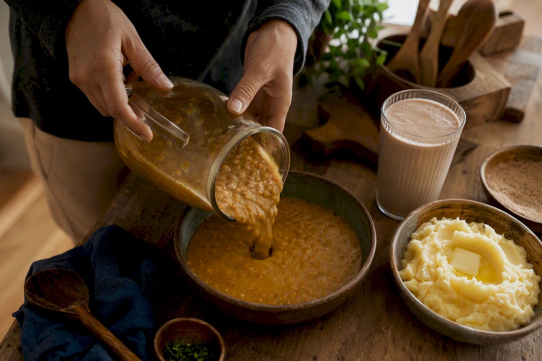 Hands pouring lentil soup and mashed potato on counter