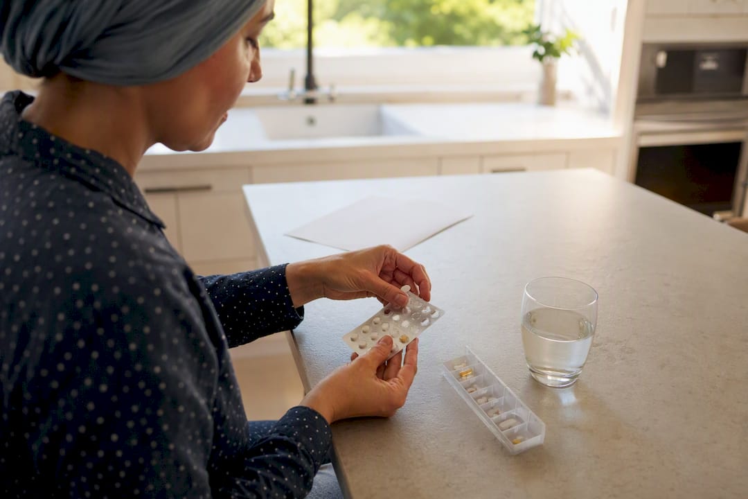 Hands organizing post-surgery pain medication pills