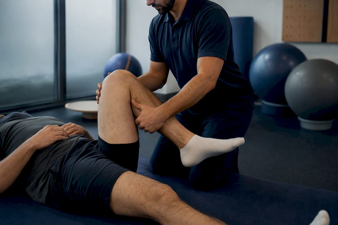Physiotherapist guiding foot exercise after surgery
