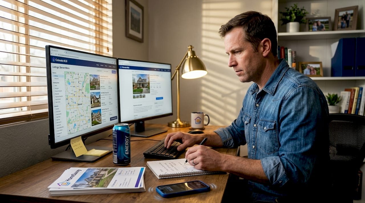 Agent reviewing Colorado MLS listings in home office