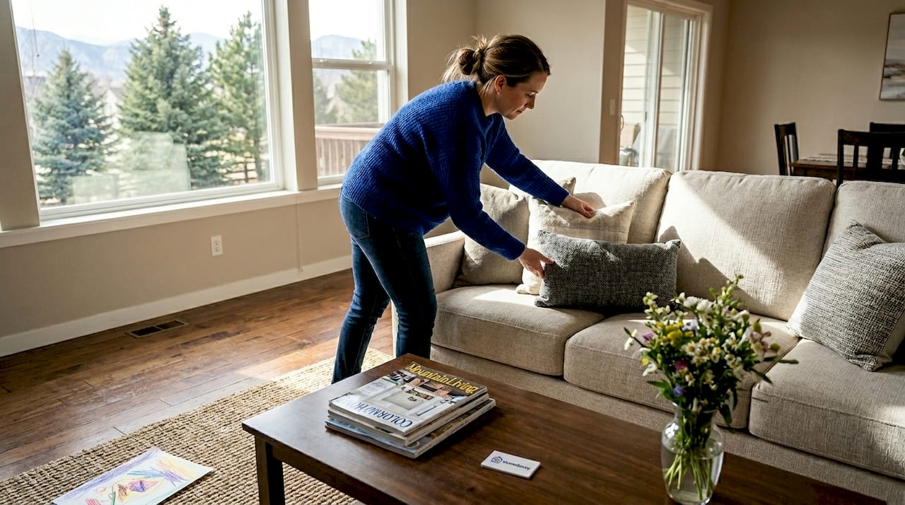 Home stager improving living room presentation