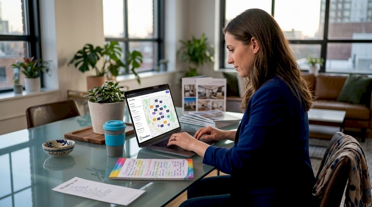 Homebuyer checks neighborhood sales on laptop at kitchen table