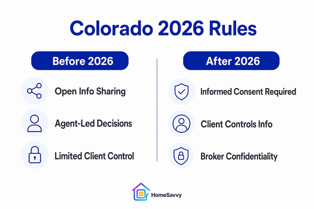 Infographic comparing Colorado agent negotiation rules before and after 2026