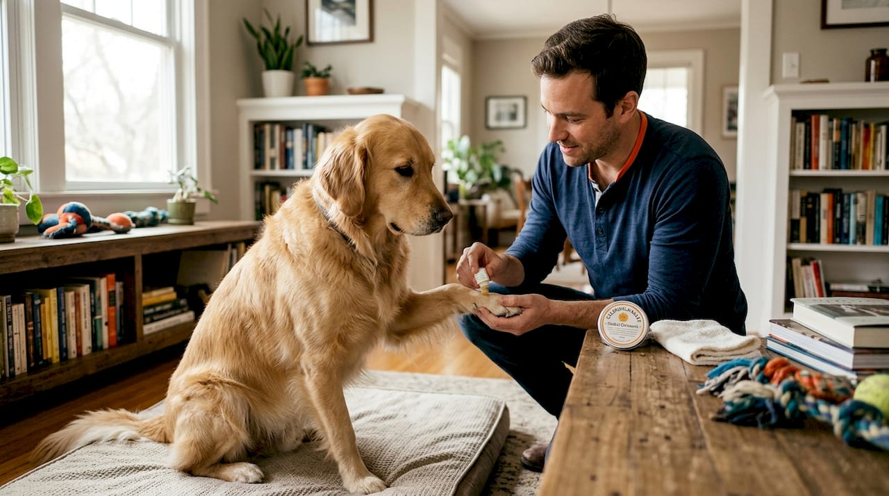 Owner applying herbal ointment to dog paw