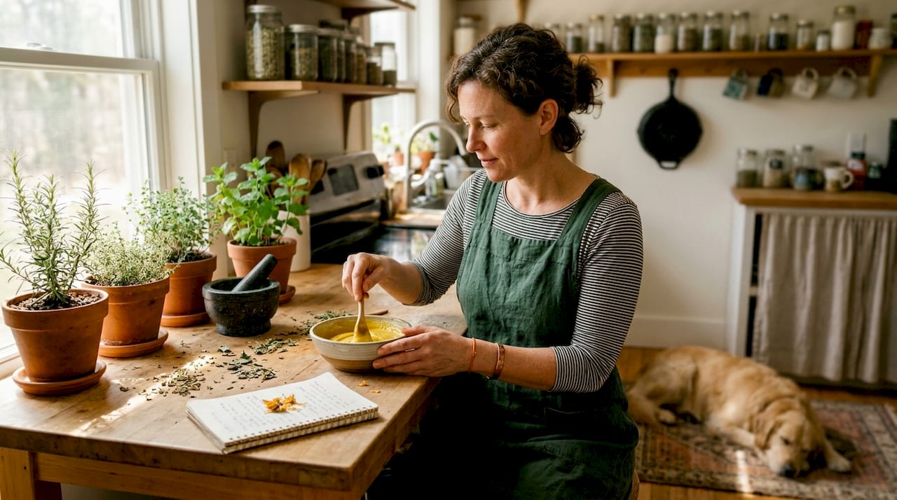 Herbalist preparing plant salve in kitchen
