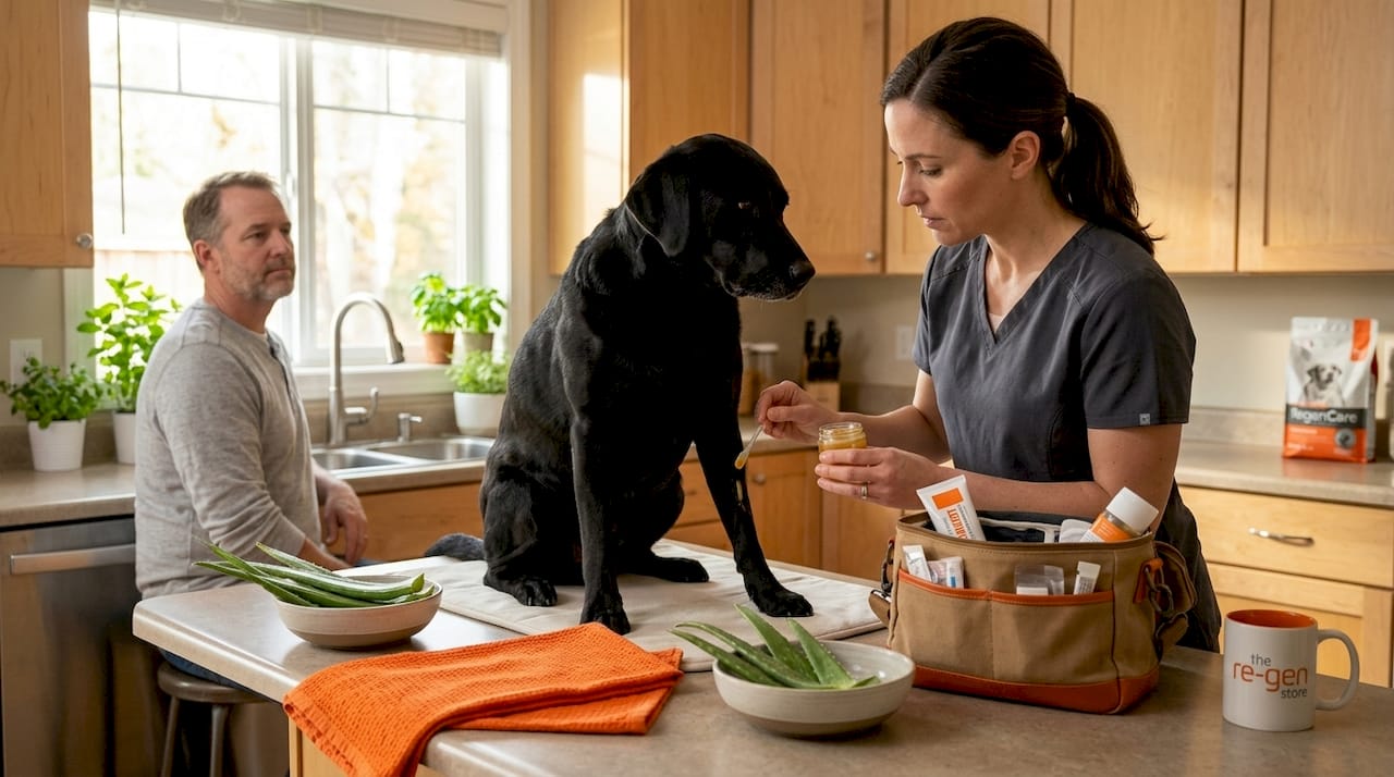 Veterinarian caring for pet with honey ointment