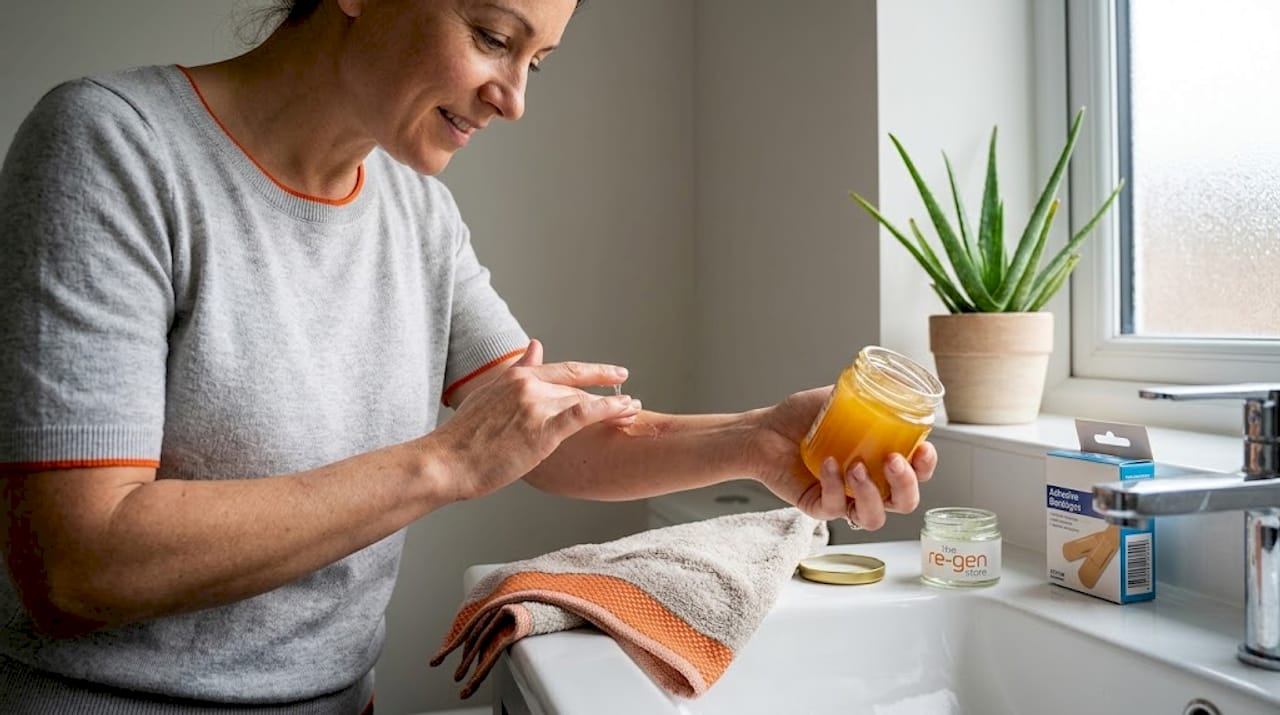 Woman applying aloe and honey for skin care