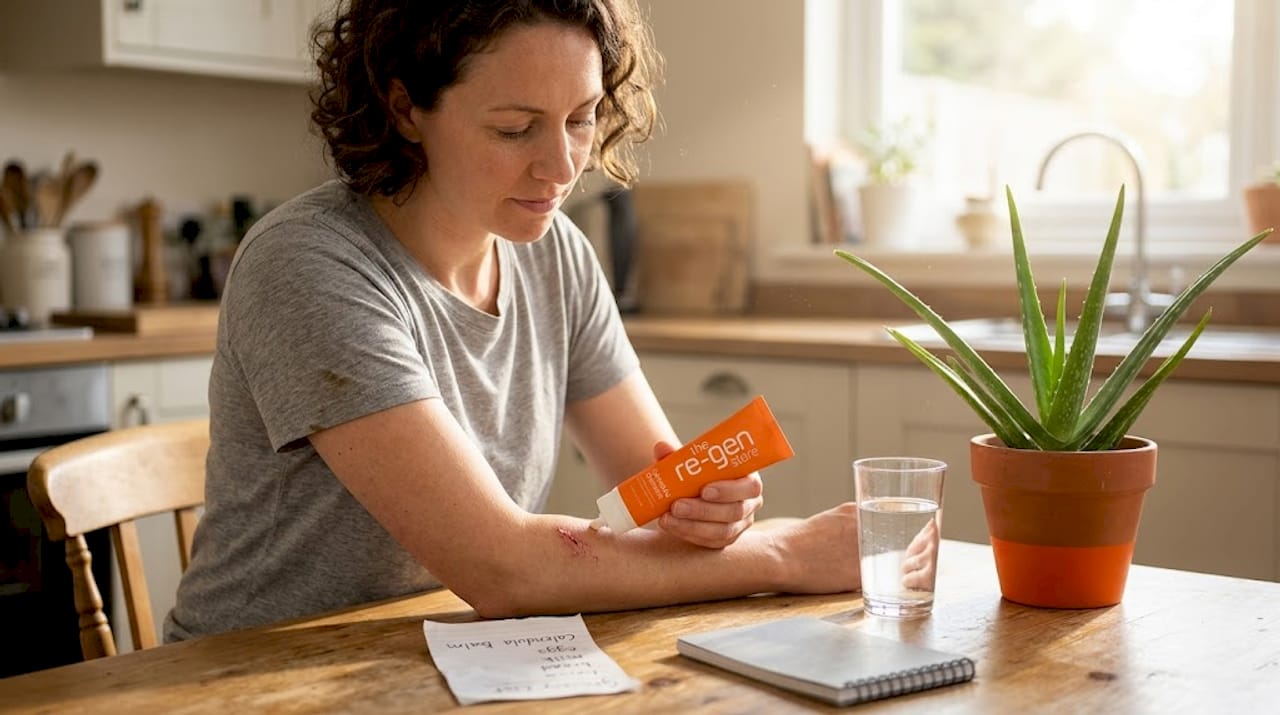 Woman applying natural skin ointment at kitchen table