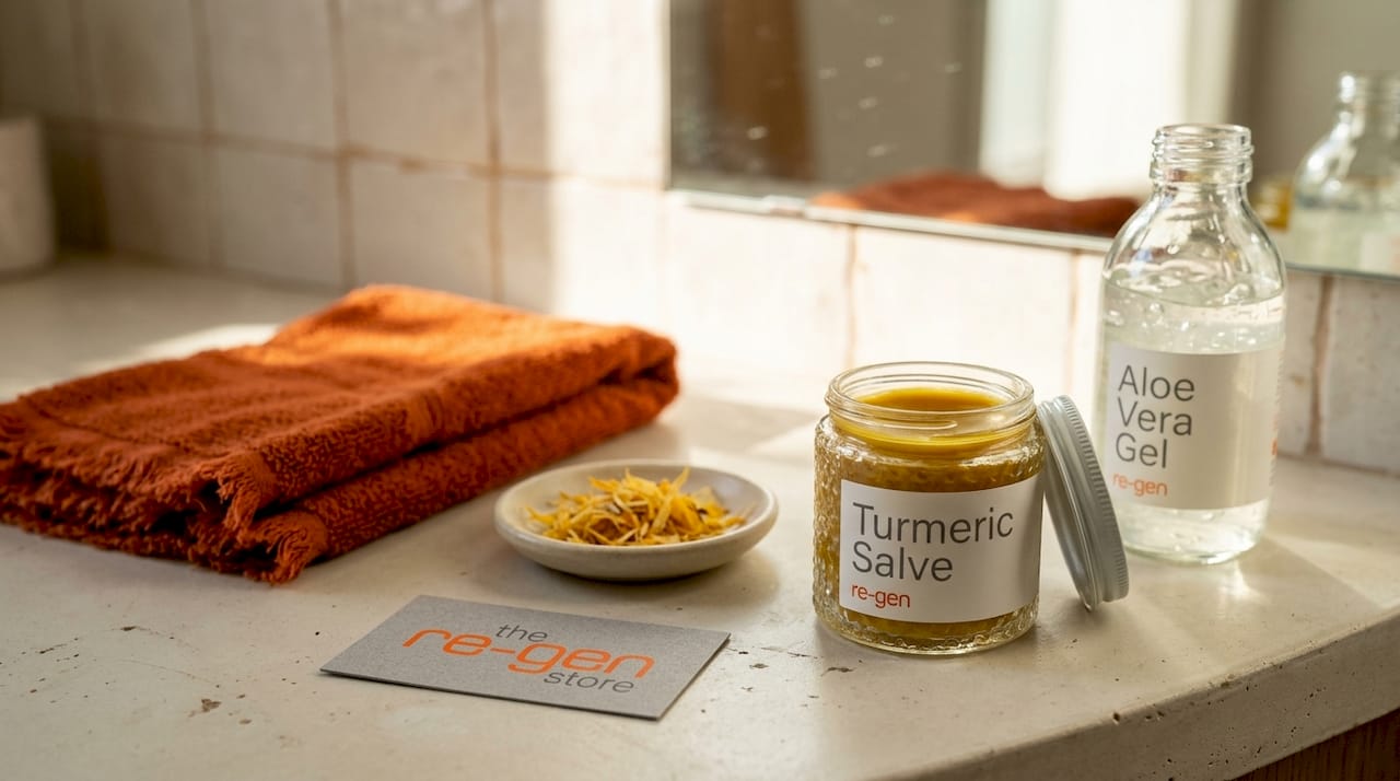 Natural herbal skincare products on bathroom counter