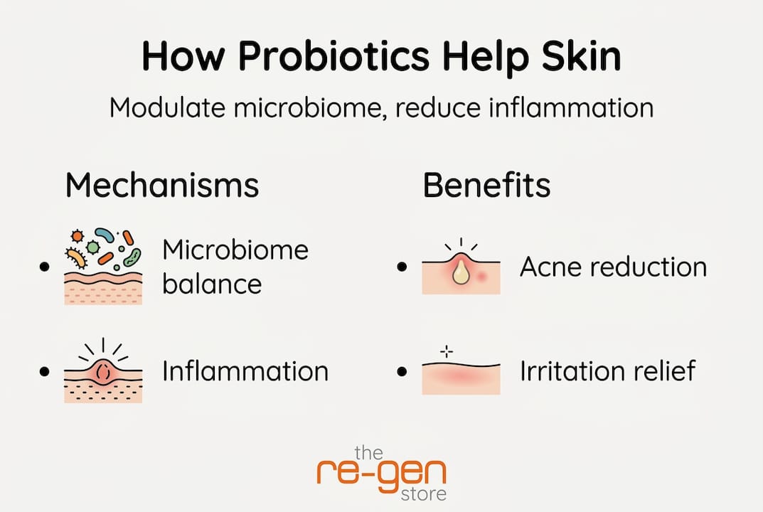 Infographic on probiotic skin mechanisms and benefits