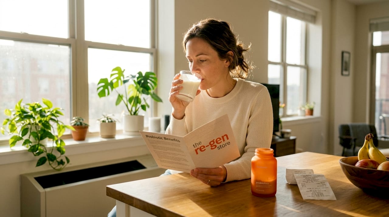 Woman reviews probiotic benefits in kitchen