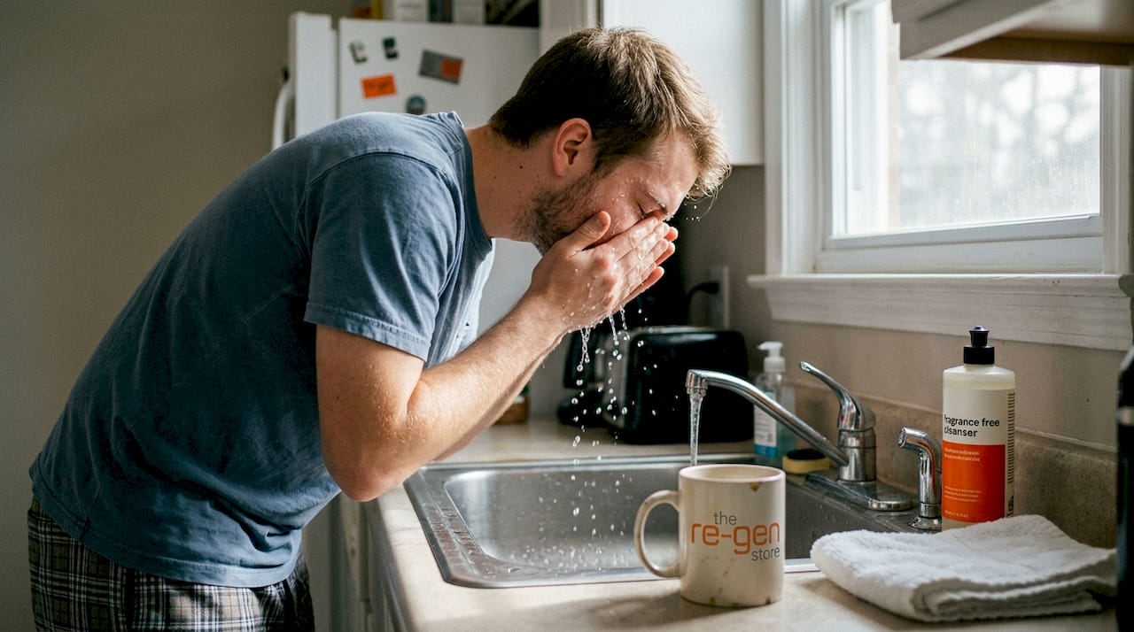 Man gently washing face in home kitchen