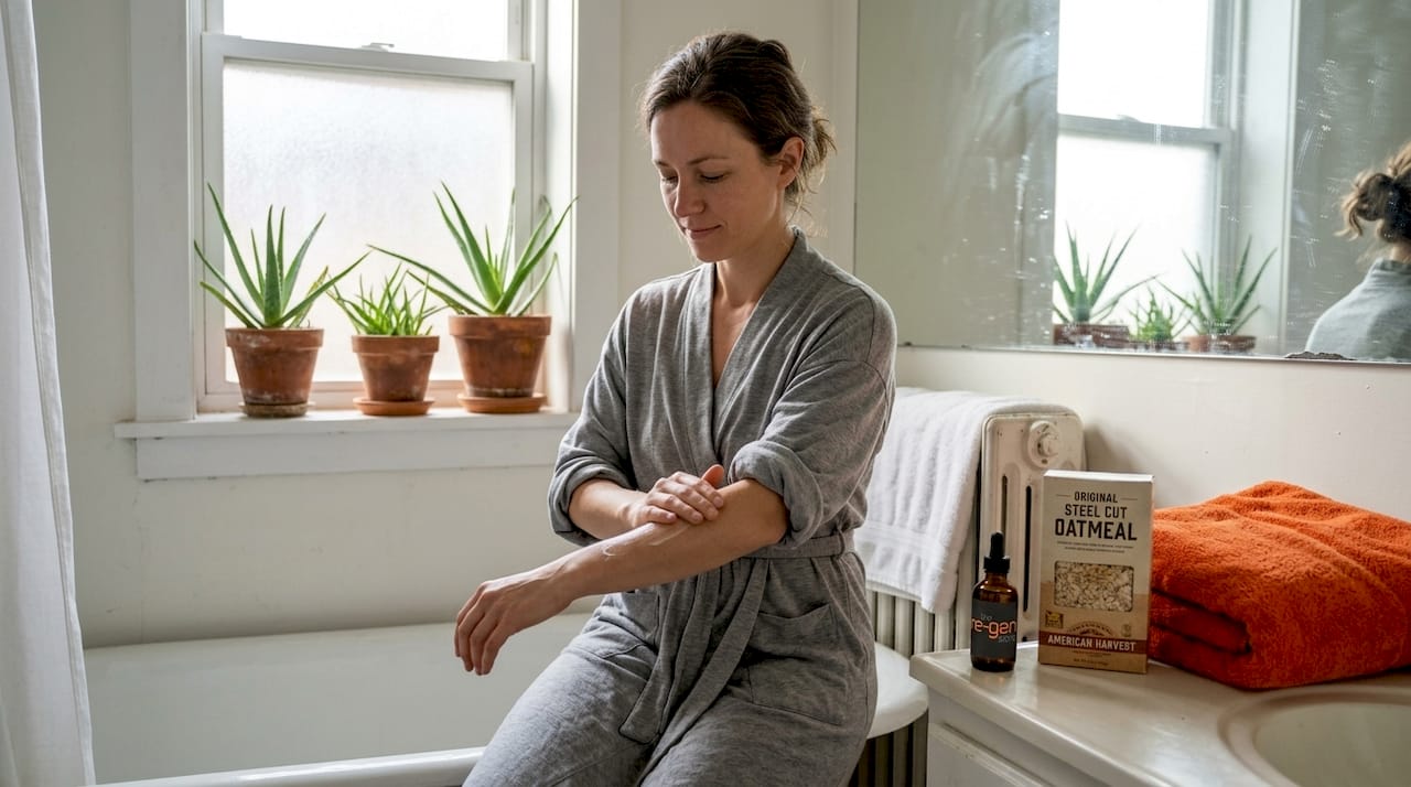 Woman applying soothing lotion in home bathroom
