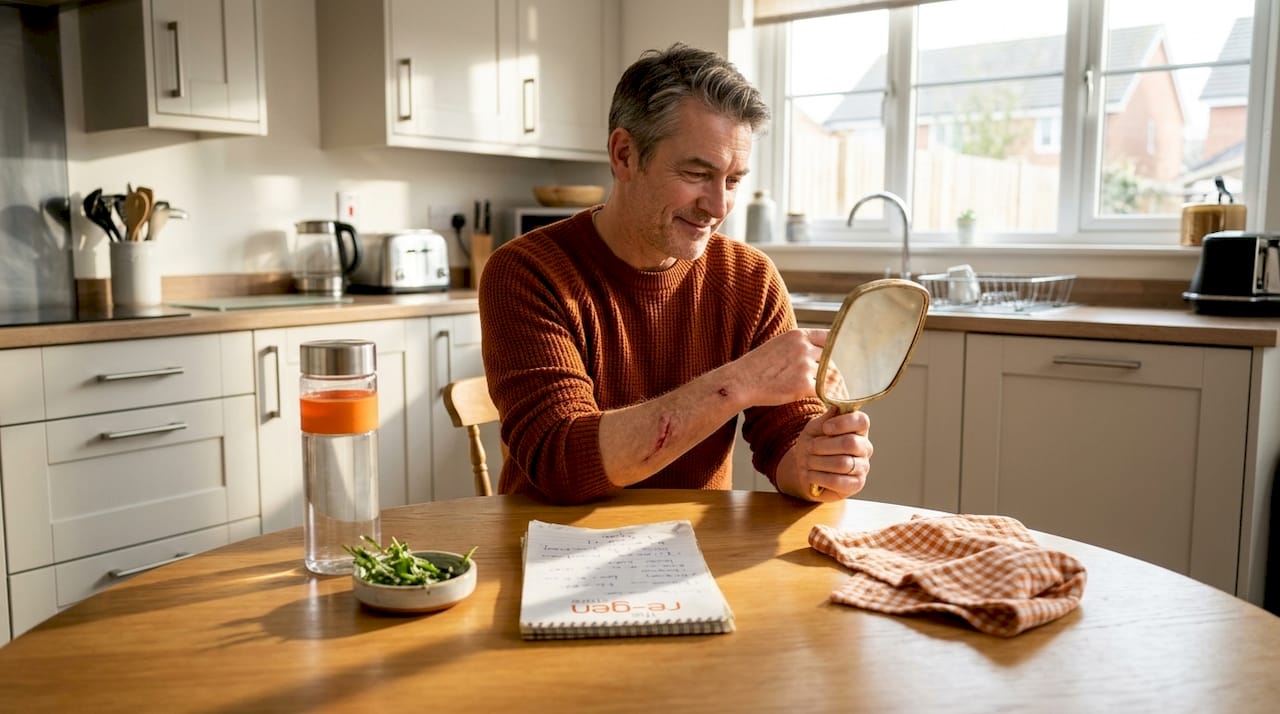Man self-examines wound using hand mirror