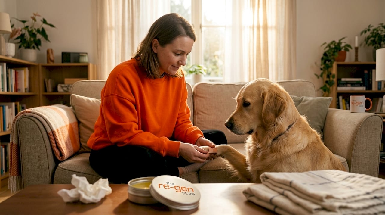 Person caring for pet’s wound at home