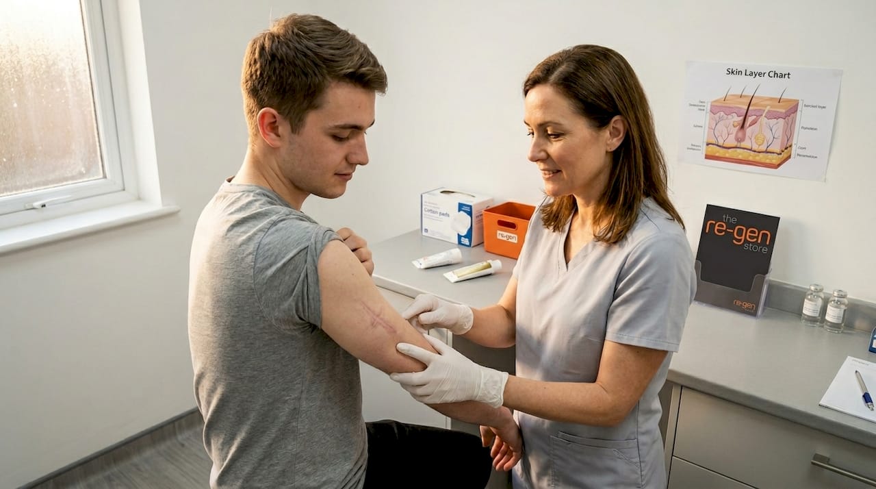 Dermatologist examining patient scar in clinic