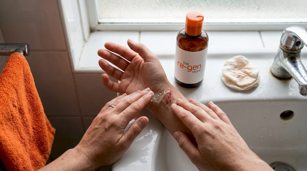 Hands apply aloe gel to healing skin