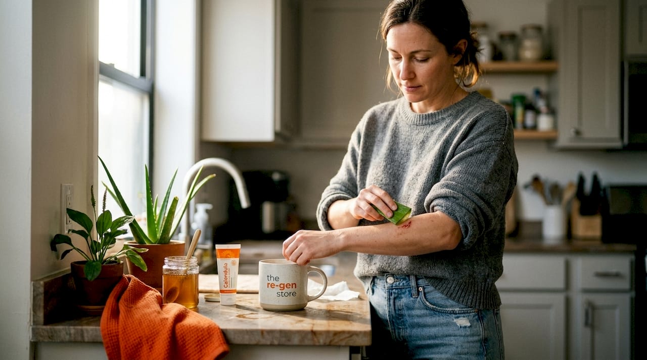 Woman applying aloe gel at kitchen counter