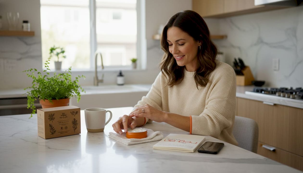 Woman applying ointment at kitchen island