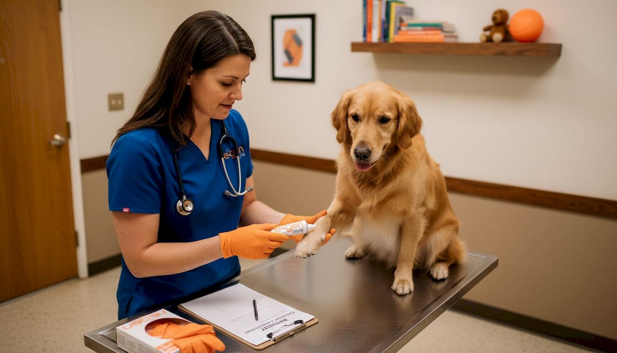 Vet checking dog’s paw with ointment supplies visible