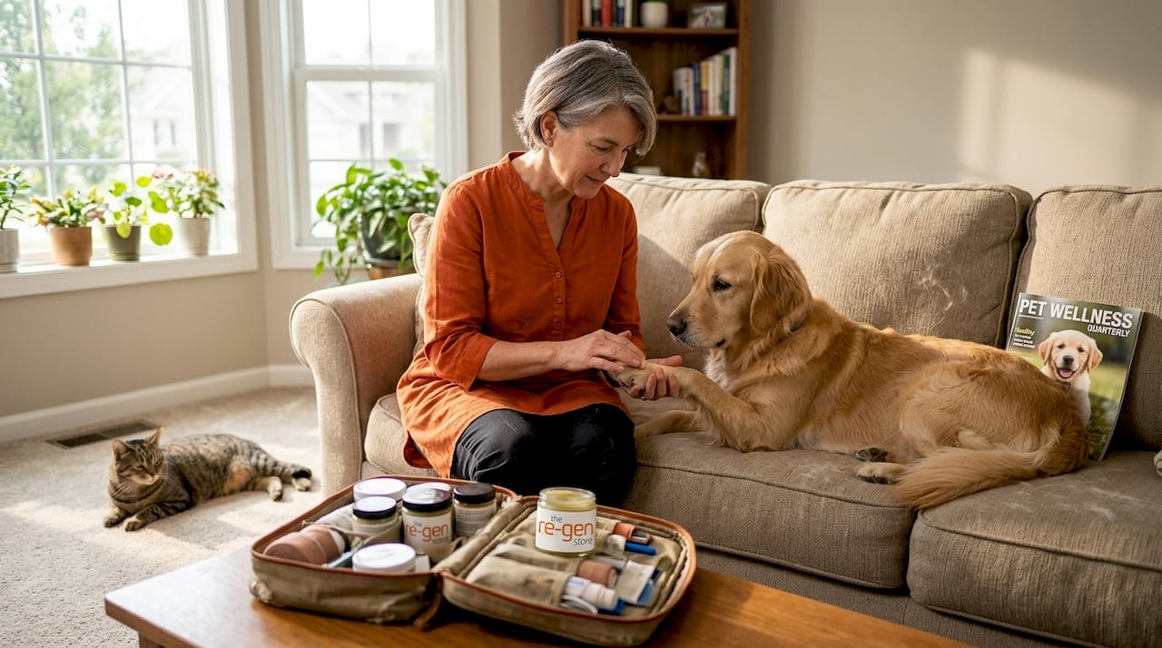 Vet applies herbal remedy to dog's paw at home